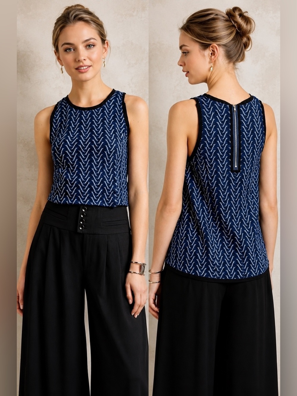 Anthropologie Postmark Women's M Sleeveless Tank Blue Black Textured Top